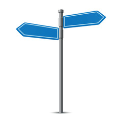 Vector Blank Blue Road Sign Post with Two Empty Directional Arrows, Isolated. Street Signage Template. Empty Guidepost for Navigation. Direction Board for Text, Message, Vector Illustration