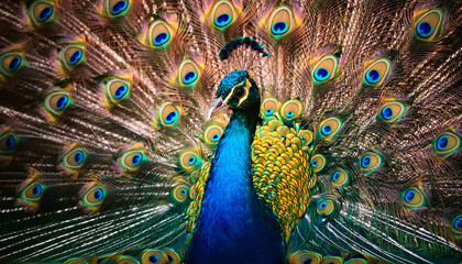 Obraz premium a brilliantly colorful peacock displaying its iridescent plumage in full glory concept of natural splendor generative ai