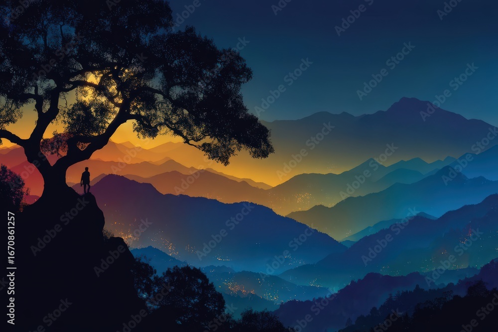 Poster breathtaking silhouette of an individual standing on a cliff under a large tree overlooking layered 
