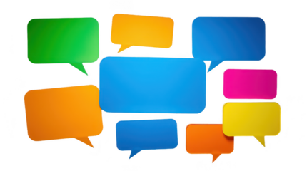Brightly colored speech bubbles in numerous shapes showcase the concept of communication and dialogue perfect for graphic design or social media use