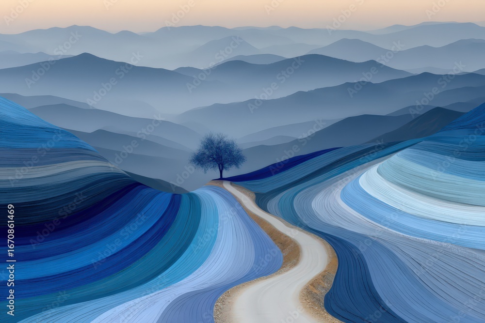 Aufkleber serene landscape featuring isolated tree amidst undulating waves of blue and soft gray mountains con