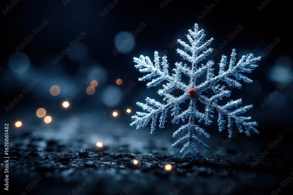 Poster delicate snowflake adorned with a single red bead sparkling in a dark atmosphere illuminated by soft