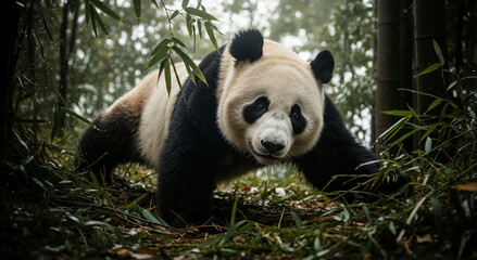 Fototapeta premium Giant panda crouching in bamboo forest. Wild animal looking directly at camera in natural habitat with wet foliage.