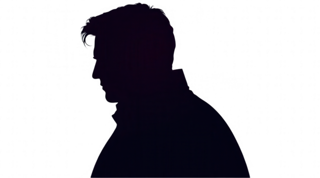 A man in profile is captured as a dark silhouette showcasing his hairstyle and jacket while standing against a bright background during the evening hours - Powered by Adobe
