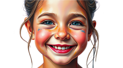 A joyful girl showcases her painted face with vibrant colors while enjoying a sunny day at a lively community event filled with laughter and fun activities