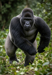 Powerful silverback gorilla in a defensive stance in the rain. Dominant alpha male primate in its natural jungle habitat.