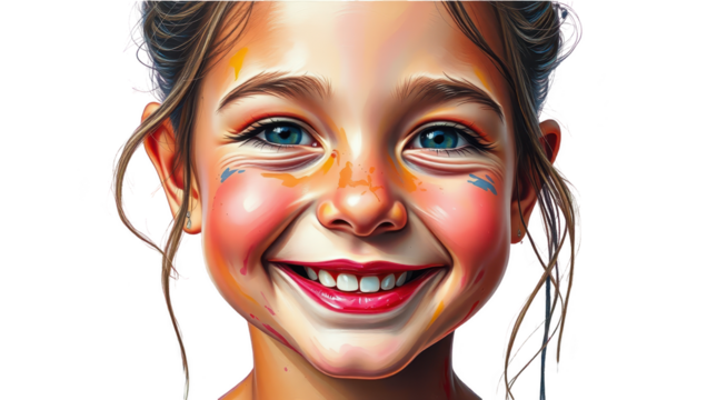 A joyful girl showcases her painted face with vibrant colors while enjoying a sunny day at a lively community event filled with laughter and fun activities