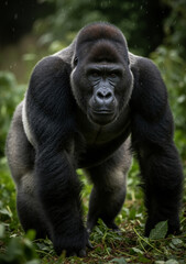 Fototapeta premium Portrait of a powerful silverback gorilla in the rain. Dominant alpha male primate looking at the camera in its jungle habitat.