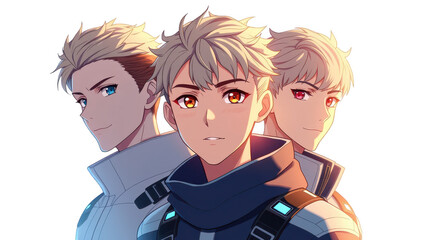 Three anime characters stand together each showcasing different expressions and unique features