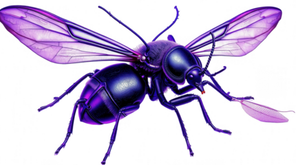 A vibrant insect with purple wings and body is seen transporting a leaf. The intricate details and bold coloring emphasize its features and activity