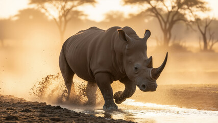 Obraz premium White rhinoceros running through a river at sunset. Powerful endangered animal splashing in muddy water in a dusty, backlit scene.
