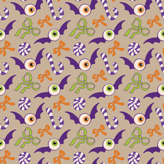 A festive pattern featuring candy, googly eyes, bat wings, bows, polka dots, and stripes. Happy Halloween. Hand-drawn vector background for banners, packaging, and wrapping paper.