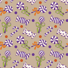 A festive pattern featuring candies, lollipops, bows, polka dots, and stripes. Happy Halloween. Hand-drawn vector background for banners and packaging.