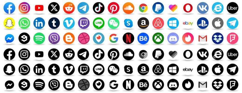 Facebook, twitter, instagram, youtube, reddit,telegram,snapchat, pinterest, tiktok ,uber, gmail, internet explorer, playstation, xbox, messenger logo  with shadow. social media logo with shadow. 