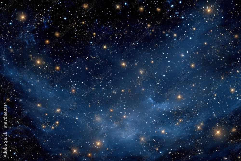 Poster expansive cosmic backdrop showcasing a mesmerizing tapestry of twinkling stars and deep blue nebulas