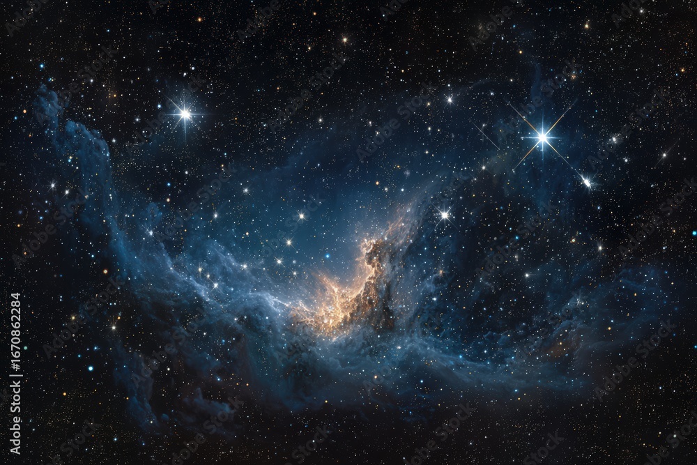 Poster celestial nebula bathed in cosmic light showcasing the wonders of the universe illuminated by a myri