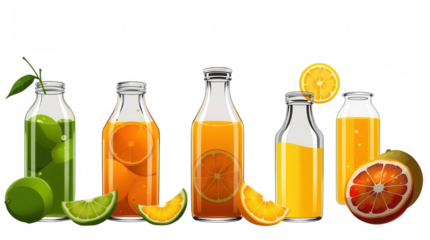 Various fruit juices are showcased in clear bottles alongside fresh citrus fruits creating a colorful display perfect for summer gatherings outdoors