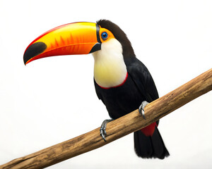 Obraz premium A colorful toucan perched on a branch against a plain white background in a studio setting light