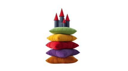 Colorful Cushions Stacked with Fairytale Castle on Top Still Life Image