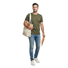 Fototapeta premium Young Man Walking, Carrying Books, Water Bottle, and Folder - Lifestyle Stock Photo