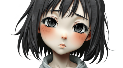 A young girl appears with short black hair and large expressive eyes conveying a range of emotions through her delicate features and subtle expression