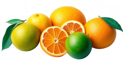 A colorful arrangement of citrus fruits including oranges and limes with green leaves highlighting their freshness and vibrant colors in a well lit environment