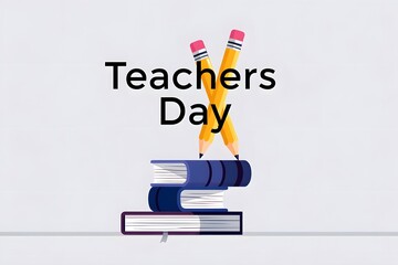 Happy Teacher's Day:  Flat Lay Illustration with Books and Pencils, Minimalist Style, Celebratory Mood.