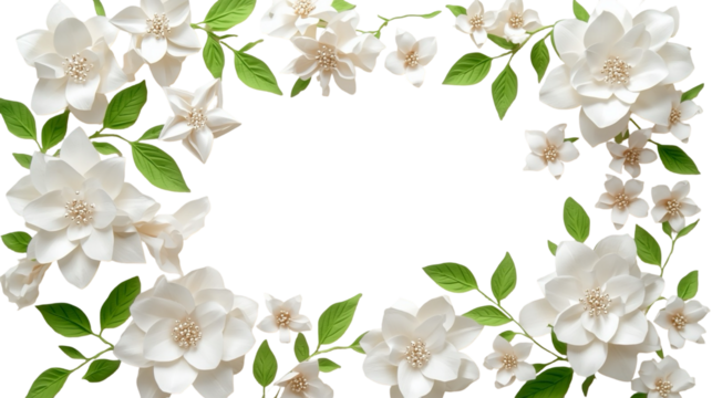 Elegant White Flower Arrangement with Green Leaves Border on Dark Backdrop