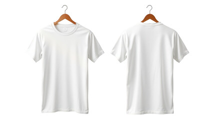 Simple white t shirt is hanging on a wooden hanger showcasing its front and back design ideal for apparel marketing or customization presentations