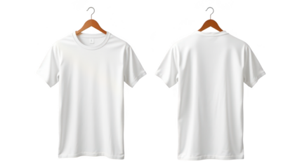 Simple white t shirt is hanging on a wooden hanger showcasing its front and back design ideal for apparel marketing or customization presentations