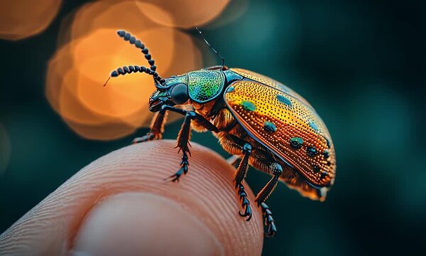 Close-up of a colorful beetle on a finger