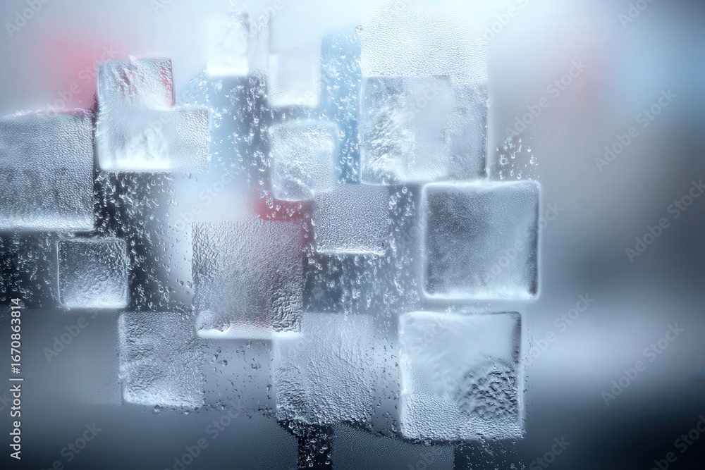 Poster an ethereal composition of transparently frosted ice cubes juxtaposed against a blurred backdrop sho