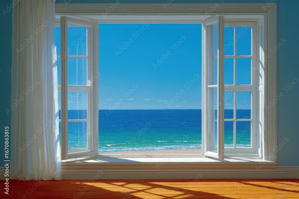 Poster bright serene coastal view through open window creating an inviting atmosphere showcasing deep blue 