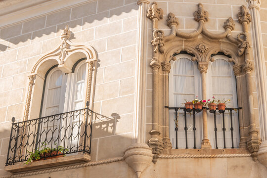 Portuguese facade with beautiful window in Evora. Typical Portuguese facade with manueline style window in Evora town, Portugal
