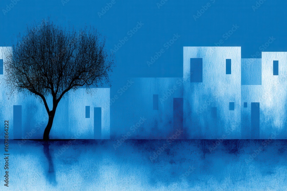 Poster existential landscape of abstract simplicity with harmonious geometric forms illustrating serenity a
