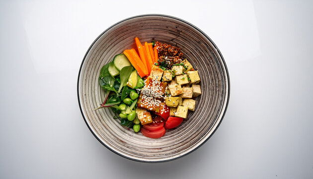 vegan bowl with tofu marinated vegetables grains seeds on white background perfect for plant based food branding vegan recipe collections