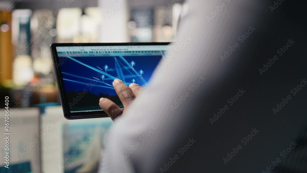 Poster close up of engineer using tablet to design power line towers in office. rd department specialist us