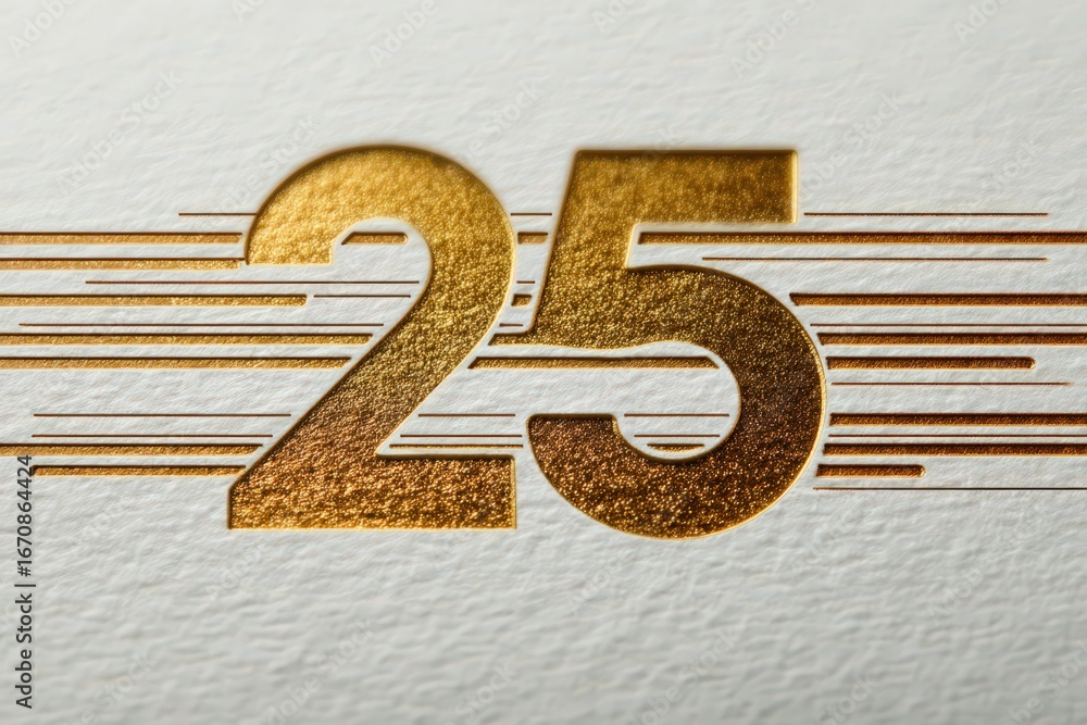 Poster elegant golden number twenty five embossed with textured lines on matte paper creating a sense of de