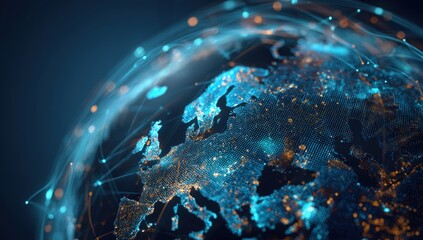 A close-up digital representation of Europe, highlighted by glowing points and intricate connections