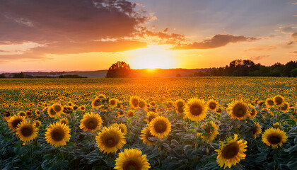 Fototapeta premium a natural floral background featuring yellow sunflowers in a field during a stunning sunset atmospheric evening landscape with blooming sunflowers