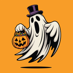 Halloween Ghost Vector with Top Hat and Candy Pumpkin Bucket