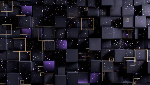Abstract geometric pattern of dark squares with gold outlines and scattered sparkles