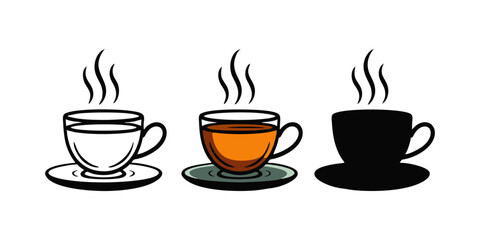 Obraz premium Hot tea cup placed on matching saucer with rising steam illustrated as outline colorful version and solid silhouette