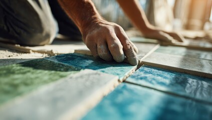 Close-up of worker installing colorful floor tiles