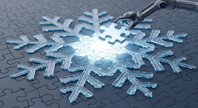 Robot hand completing snowflake puzzle with glowing center