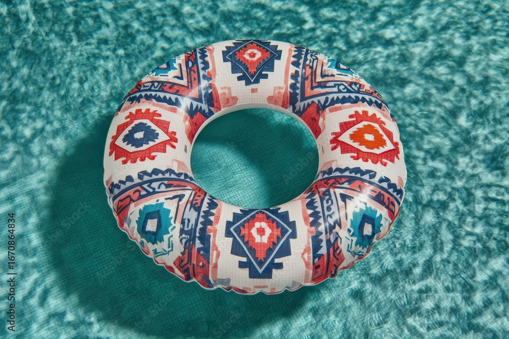 Poster a colorful patterned inflatable pool float resting in tranquil turquoise water reflecting sunlight c