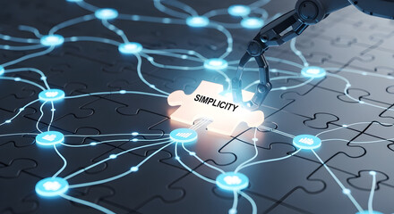 Robotic arm placing simplicity piece in network puzzle concept
