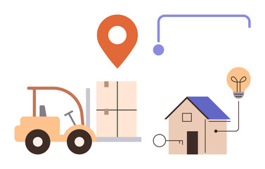 Forklift moving boxes under a location marker, a smart home with a connected bulb. Ideal for logistics, automation, delivery, technology, supply chain, innovation smart connectivity. A simple flat