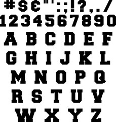 Black and white block style alphabet letters, numbers and symbols vector font illustration isolated on white background. 