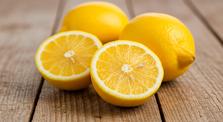 Fresh whole and halved lemons on a wooden table